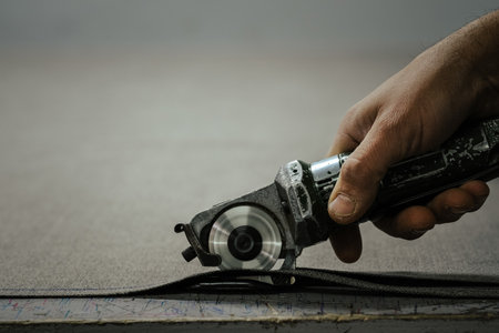 A closeup shot of hands using an industrial fabric cutting toolの写真素材