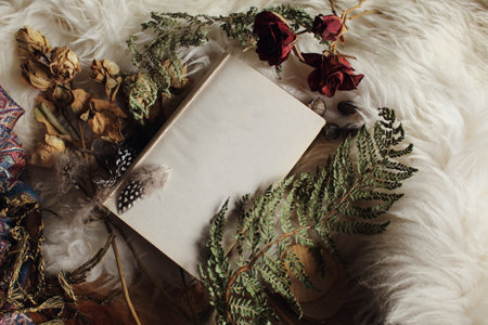 A top view closeup of a book placed on a fluffy white pillow with tree branch decorationsの写真素材