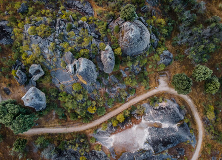 An aerial shot of a beautiful landscape in Extremadura, Spainの写真素材