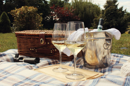 A closeup of white wine glasses in a cozy picnic atmosphereの写真素材