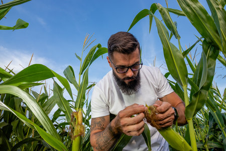 Farmer or agronomist standing in corn field inspecting corn cobs and silk to be sure if it is ready for picking / harvest. Front view and close up onの写真素材
