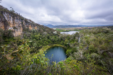 An aerial shot of a lake in  Lagunas de Montebello National Park, Chiapas, Mexicoの写真素材
