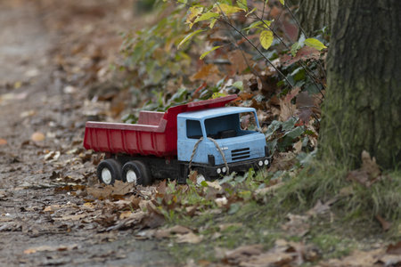 Red and blue toy industrial truck vehicle left behind on the side of a pathway filled with autumn colored leavesの写真素材