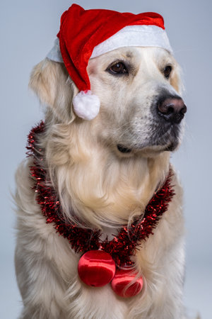 A vertical shot of a cute retriever wearing a Christmas hat and shiny decorations