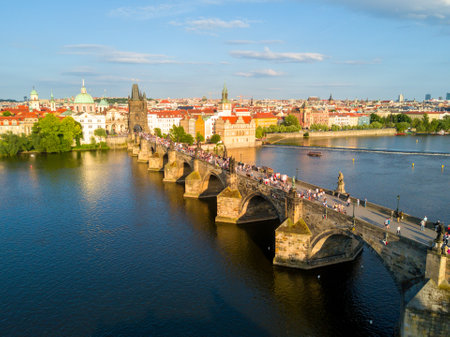 The Charles Bridge over the Vltava River under the sunlight in Prague, Czech Republicの写真素材
