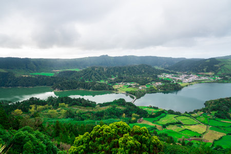 A beautiful mountain landscape in the Azores archipelago, Portugalの写真素材