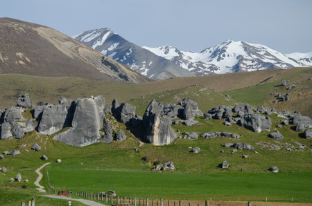 A beautiful view of limestone boulders in Castle Hill in New Zealandの写真素材