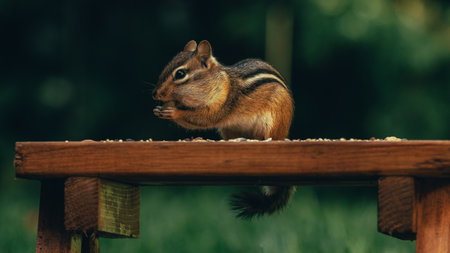 A closeup of a cute little squirrel eating nuts on a wooden surface in a fieldの写真素材