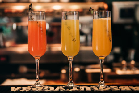 A close up shot of champagne glasses filled with cocktailsの写真素材