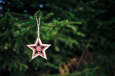 A wooden Christmas hanger in form of a star hanging on a fir treeの写真素材