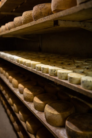 A closeup shot of different kinds of cheese on wooden boards in a cheese making factory