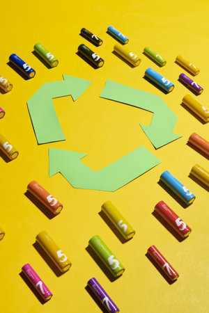 A vertical shot of batteries on a yellow background with a recycling symbolの写真素材