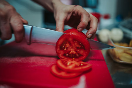 A closeup shot of a person cutting tomatoes for making burgersの写真素材