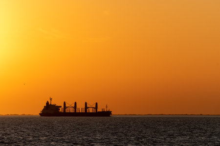 Big cargo ship going through Uruguay river canal at dusk over an orange sky in Conchillas, Colonia, Uruguay. Image has horizontal orientationの写真素材