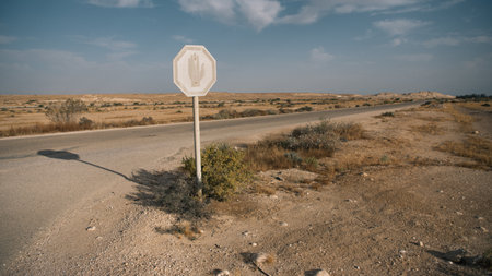 A panoramic view of a paved road going through the Negev desert, Israelの写真素材