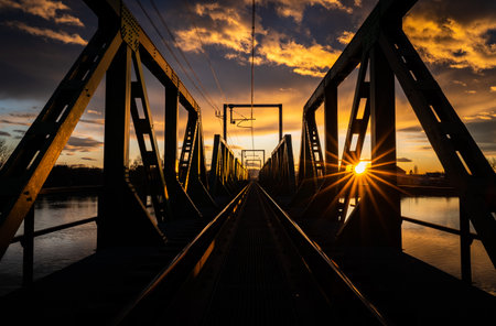 An old long bridge over the river in the countryside, scenic sunset cloudscape on the backgroundの写真素材