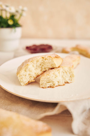 Delicious Easter bunny biscuits on a white table with jelly
