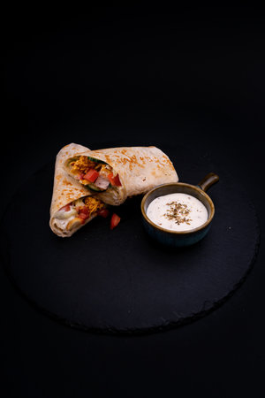 A closeup shot of a tasty looking roll with a sauceisolated on a black backgroundの写真素材