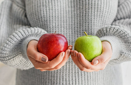 A female holding a red and a green apples - healthy eating concept