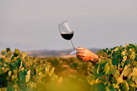 A closeup of a person holding a glass of wine in the vineyard under the sunlightの写真素材