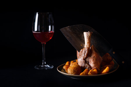 A lam leg with potatoes and a glass of wine on a black backgroundの写真素材