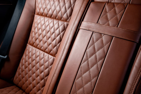 A luxury car interior in brown and black colorsの写真素材