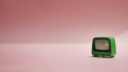 A closeup of a small green vintage TV toy isolated on a light pink backgroundの写真素材