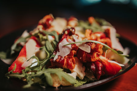 A closeup shot of a delicious salad with chicken, vegetables and sauce on the tableの写真素材