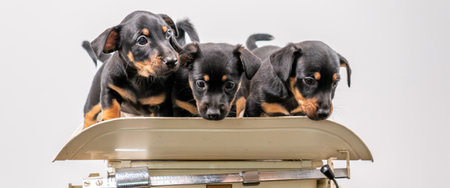 Three miniature pinscher puppies posing on a vintage baby scale on a white backgroundの写真素材