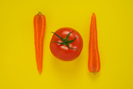 A closeup shot of carrots and tomato isolated on yellow background. Healthy vegetarian food.の写真素材