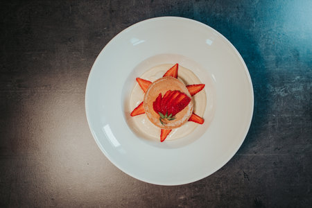 A top view shot of a delicious cake with strawberriesの写真素材