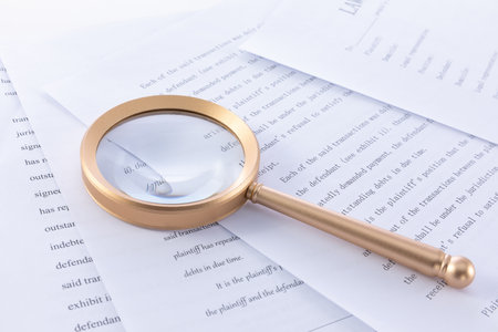 A selective focus shot of magnifying glass on a document of the lawsuitの写真素材