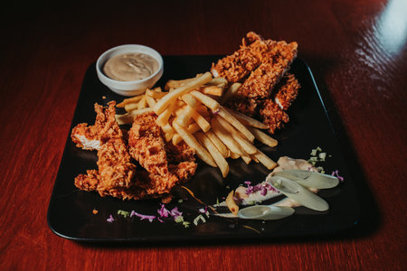 A  closeup shot of a tasty looking dish with fried chicken and french friesの写真素材