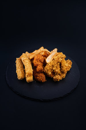 A closeup shot of a black serving plate with crispy chicken, tenders, nuggets, and french friesの写真素材