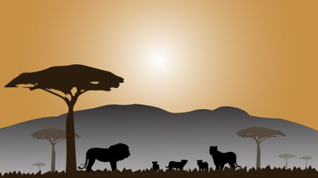 An illustration of lion family silhouette in the African savannahの写真素材