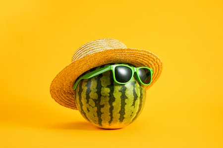 A watermelon with sunglasses and a straw hat onの写真素材