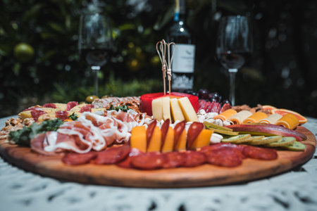 A closeup shot of a delicious charcuterie board with cheeses and fruits