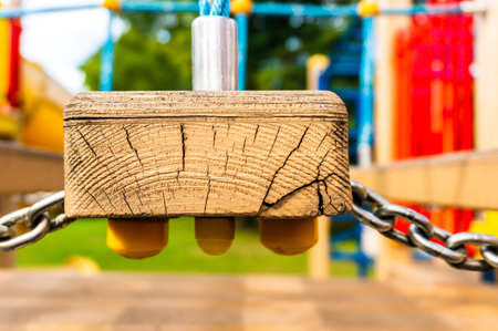 Close up of a wooden bridge of a playground equipmentの写真素材