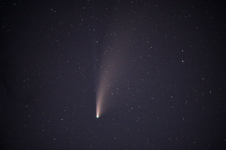 The bright Comet Neowise shining in the starry night sky - great for wallpapers