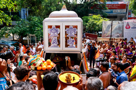 South Indian Hindu cultural and traditional god Procession lead by brahmin monk and his devotees/followersのeditorial素材