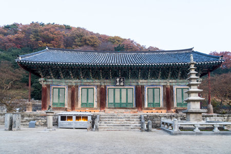 The Seonunsa Temple in Gochang-gun, South Korea with beautiful autumn trees in the backgroundのeditorial素材