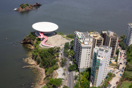 An aerial shot of Niteroi Contemporary Art Museum in Niteroi, Rio de Janeiro, Brazilのeditorial素材