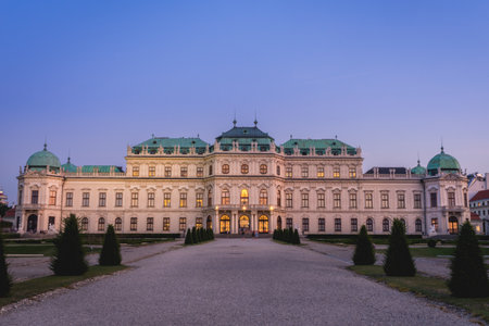 A beautiful view of the historic Belvedere palace in Vienna, Austria in the eveningのeditorial素材