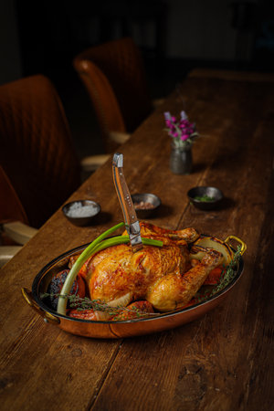 A baked chicken with vegetables and potatoes served in the panの写真素材