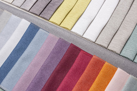 Comparison interior design sample swaps of textured curtain fabric with various shades and colors