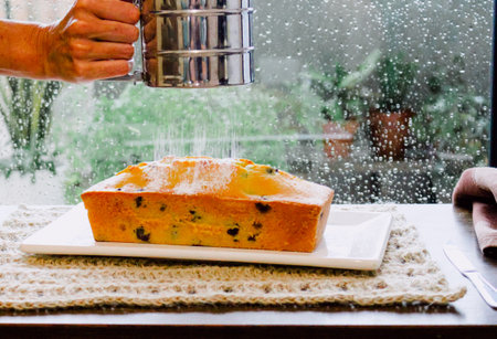 A female hand covering the blueberry cake with powder sugar, autumn rain scene in the backgroundの写真素材