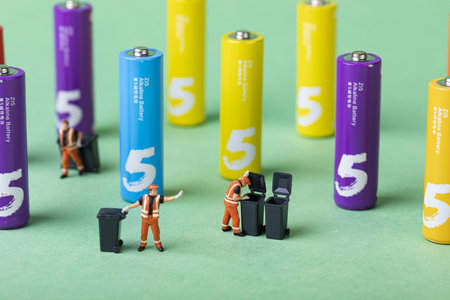 A selective focus shot of colorful batteries and waste collector toys - energy preservation conceptの写真素材