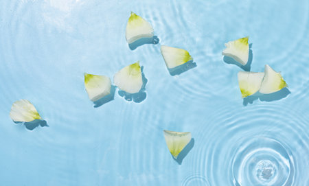 A high angle shot of flower petals water ripples on the surface of the water