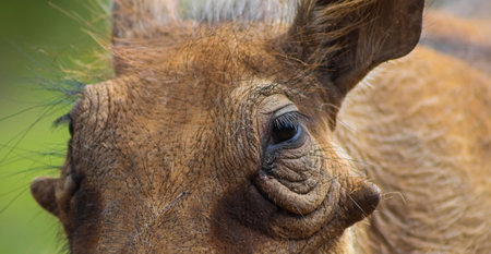 A closeup shot of the face of a warthog on blurred backgroundの写真素材