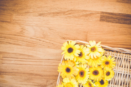 A top view of yellow gerbera flowers on a wooden background - still life photography